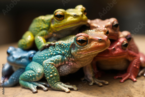 Frogs in Amazing Colors. Vibrant frogs with Beautiful colorful skin. Rainbow colored frogs with amazing detail. Ai generated