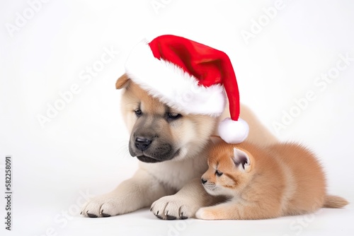 Akita inu puppy holding a kitten while wearing a red Christmas cap. isolated against a white backdrop. Generative AI