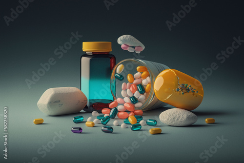 Medicine Pills Addiction. Overprescribing Antibiotics, Drugs Addiction Concept. Ai generated photo