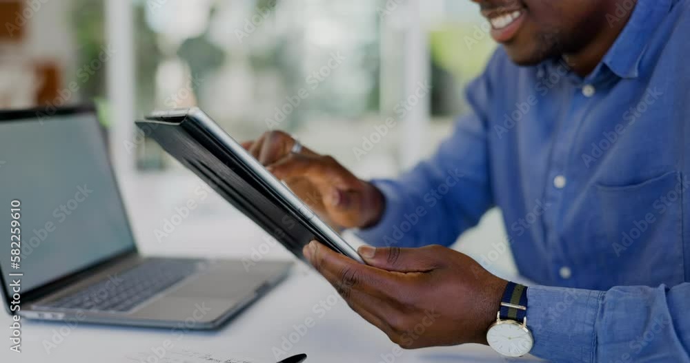 Tablet, hands scroll and happy man review of data analysis, social media statistics or customer experience insight. Brand monitoring software, ecommerce UI and person working on online feedback Tablet, hands scroll and happy man review of data analysis, social media statistics or customer experience insight. Brand monitoring software, ecommerce UI and person working on online feedback