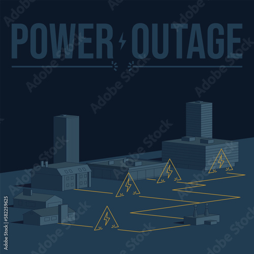 Power outage alert. Retro poster in monochromatic colors. Infographics, houses, buildings, mall, transformer, electrical network diagram. Power outage warning sign. Industrial. Vector illustration.