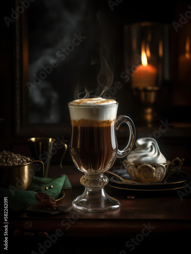 Irish Coffee Elegance: A Tempting Blend of Coffee, Whiskey, and Whipped Cream, Generative AI