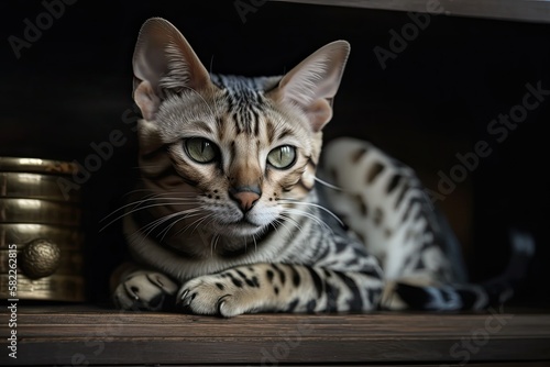 Bengal cat curled up on a shelf. Generative AI © AkuAku