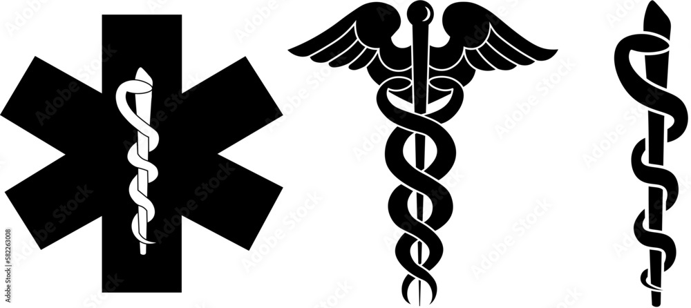 Medical symbol icons set. Star of Life with cross, caduceus, Rods