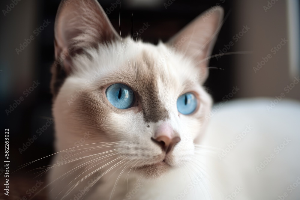 a close up of a white Siamese cat with stunning blue eyes and a dejected expression. Generative AI a close up of a white Siamese cat with stunning blue eyes and a dejected expression. Generative AI