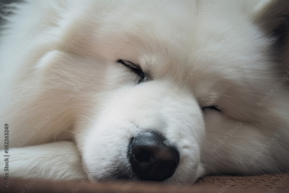 Samoyed dog is sound asleep. close up of the paws and nose. Generative AI