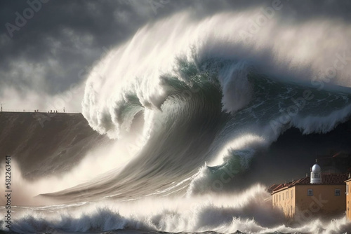 Massive waves crashing against the cliffs of Nazare, Portugal, known for its world-renowned surf. Ai generated.