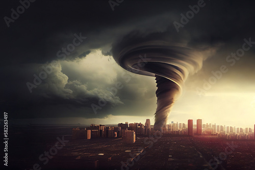 tornado twisting above city. Generative Ai