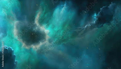 Abstract modern space blue green background. Nebula, dramatic sky, atmosphere, cosmos, air, clouds, foggy sky, mist, mistiness. Abstract scientific backdrop. Generative ai illustration