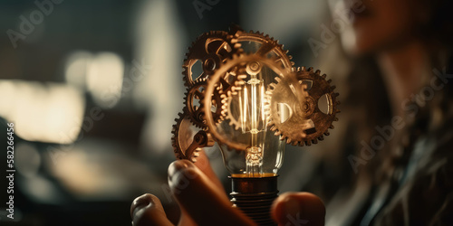 Creative concept of an old light bulb made entirely out of gears, blurred background with woman reaching her hand directing to the bulb. Brilliant understanding idea concept. Generative AI © Bartek