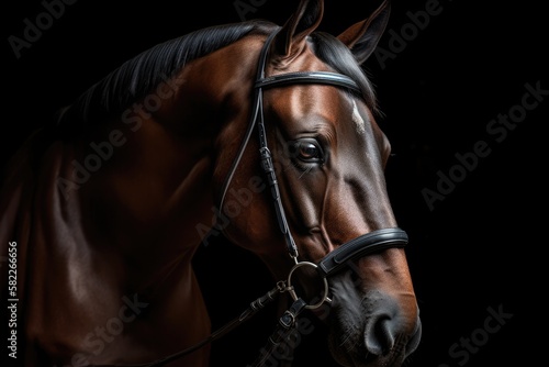Dressage horse performing in a dark stall wearing a traditional bridle. Generative AI © AkuAku