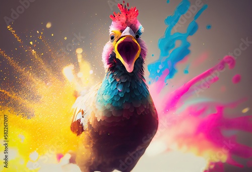 Chicken Rainbow Multi Color Splash In Cool Style Generative AI photo