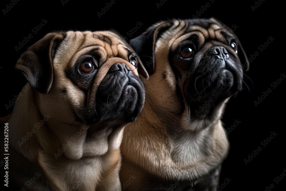 Pug dogs on a dark background. Generative AI