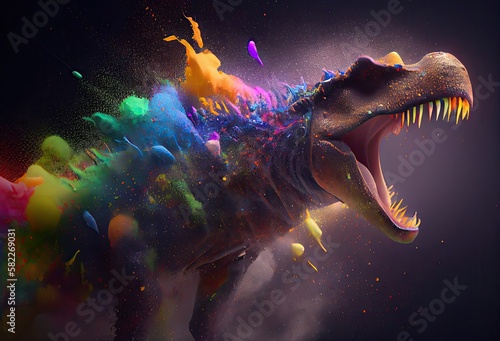 Dinosaur Rainbow Color Splash In Chic Style Generative AI © j@supervideoshop.com