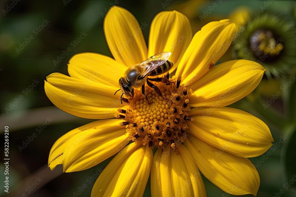 golden Jerusalem artichoke flower with a bee in the center, captured in macro photography. Generative AI golden Jerusalem artichoke flower with a bee in the center, captured in macro photography. Generative AI