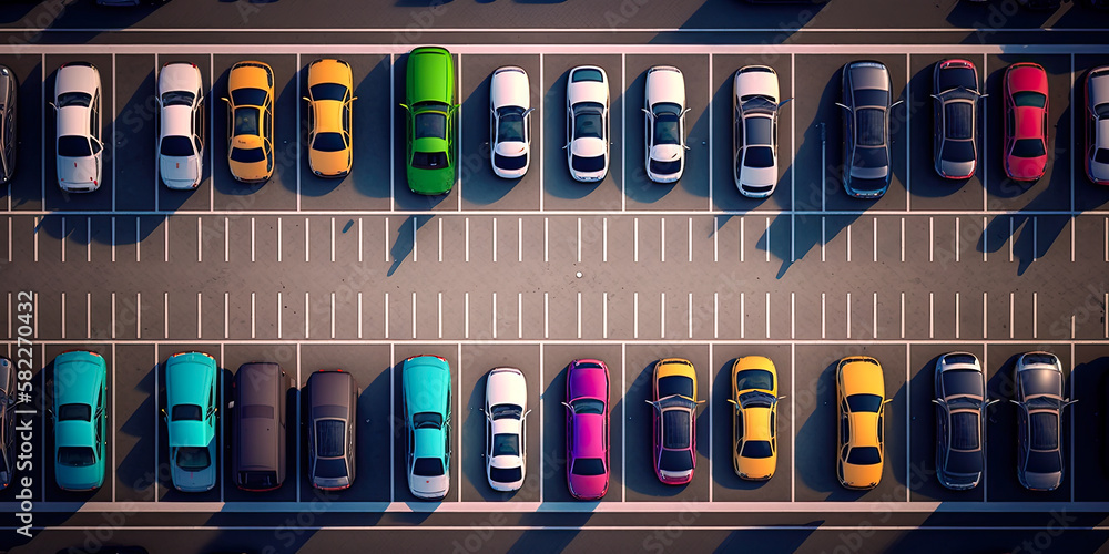 Aerial view of new cars parked in a parking lot - Generative AI Aerial view of new cars parked in a parking lot - Generative AI