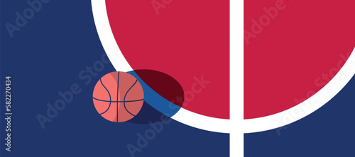 Basketball ball standing on white line on blue background