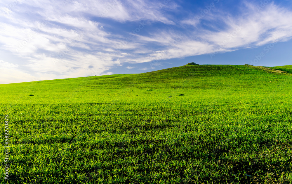 landscape with green grass , country field and beautiful hills and blue sky with clouds