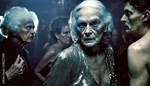 Elderly women at a disco. Generative AI. © F@natka