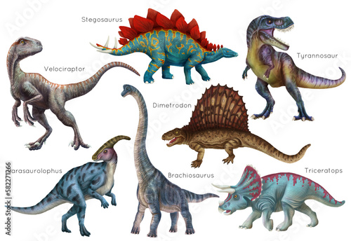 Dinosaur set. Stegosaurus, Dimetrodon, Velociraptor, Triceratops, Brachiosaurus, Tyrex, Parasaurolophus