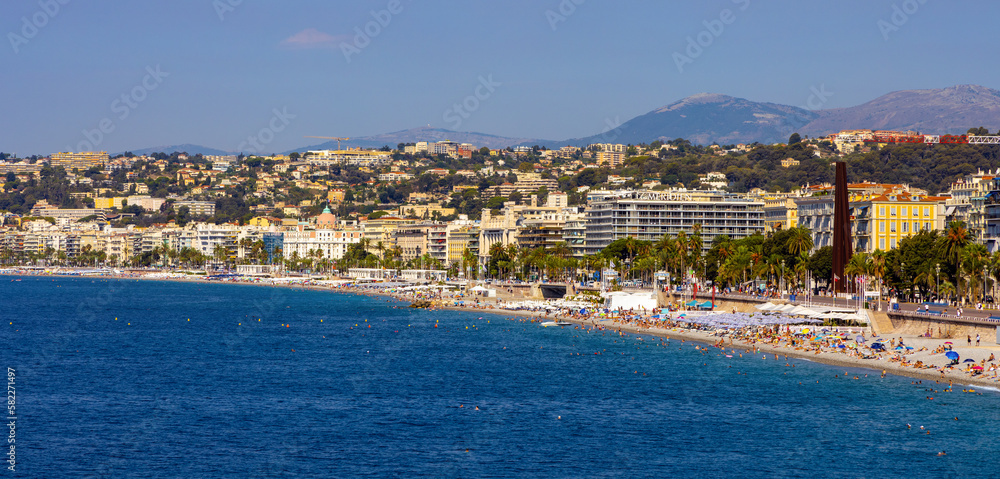 Nice shore and beach panorama with Prom des Anglais boulevard, Le Carre d’Or and Les Baumettes district on Mediterranean Sea shore on French Riviera in France
