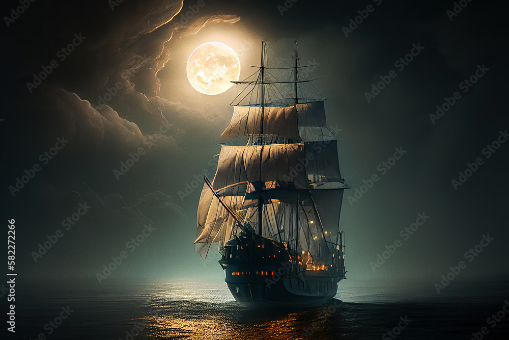 Old sailing ship with white sails in ocean in the storm. Generative AI ...