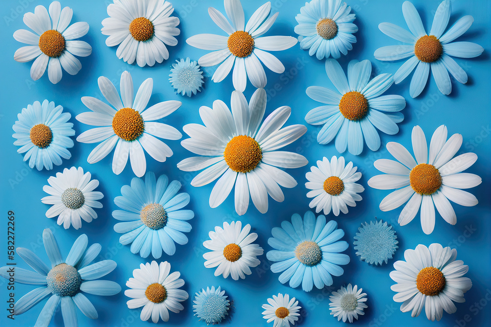 Bright spring light blue background with white chamomile, daisy flowers. Generative AI Bright spring light blue background with white chamomile, daisy flowers. Generative AI