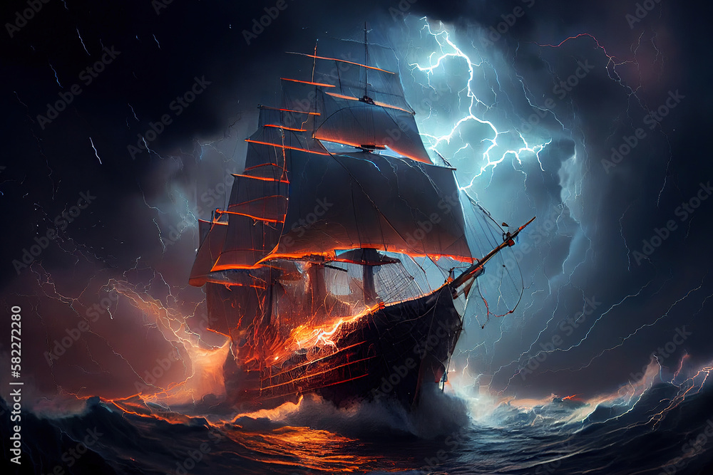Old sailing ship with white sails in ocean in the storm. Generative AI ...