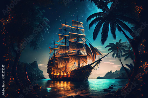 Old sailing ship with sails in ocean near tropical islands. Generative AI