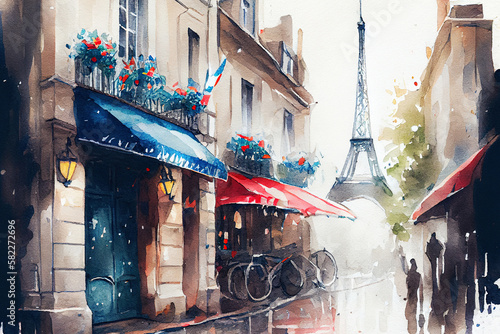 Fototapeta Naklejka Na Ścianę i Meble -  Watercolor painting of Paris street with Eiffel Tower on background. Generative AI