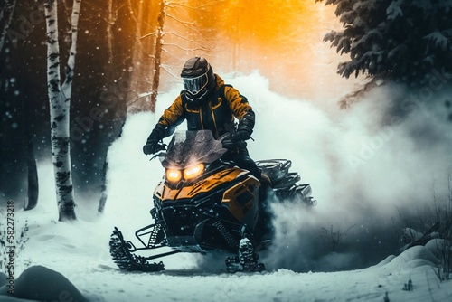 Man in helmet rides a snowmobile through the forest. Generative AI