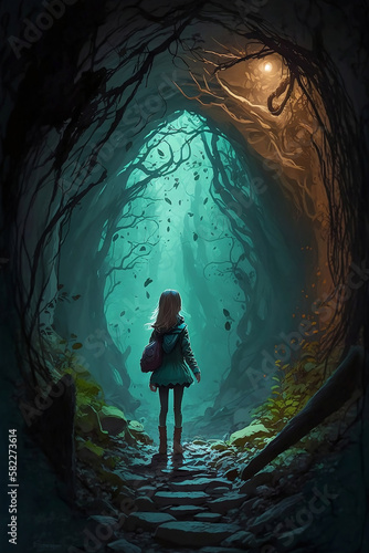 a little girl wondering into a enchanted forest digital art 