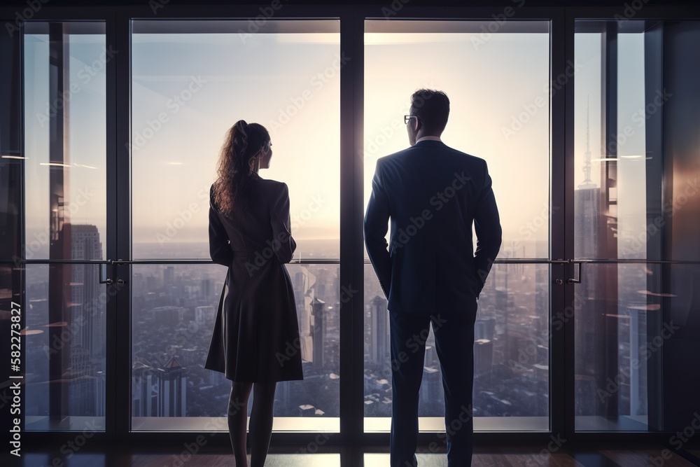 Business couple looking out the window: trust, partnership, and bright future. Generative AI Business couple looking out the window: trust, partnership, and bright future. Generative AI