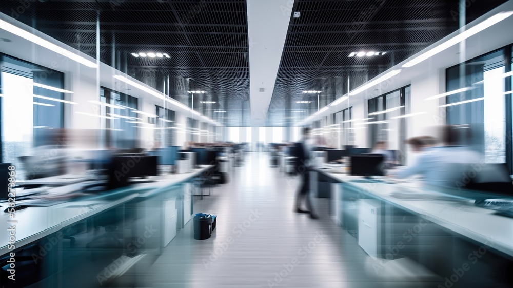 Long exposure shot of modern office lobby with business people. Generative AI Long exposure shot of modern office lobby with business people. Generative AI