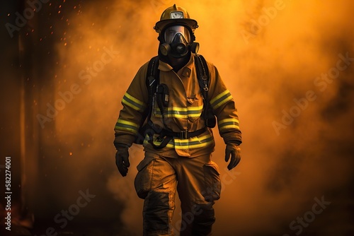 Portrait of firefighter wearing protective facial mask, fire on background. Generative AI