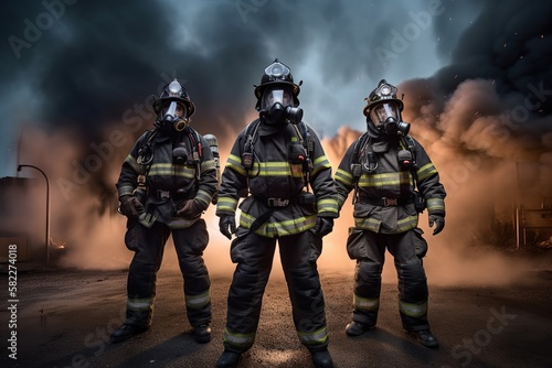 Firefighter crew, a brave and confident team in the night of disaster. Generative AI