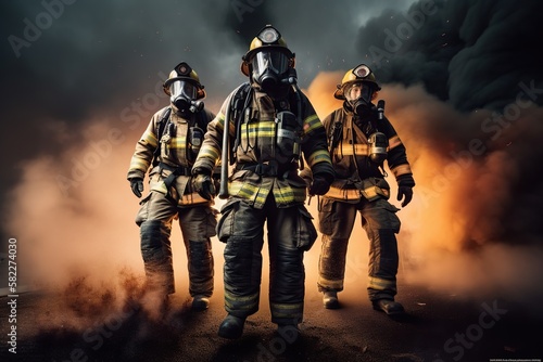 Firefighter brigade, fearless professionals with equipment. Generative AI