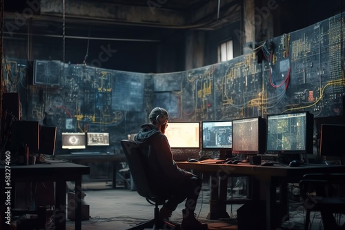 Cinematic back view of hacker sitting in front of monitors hacking. Generative AI