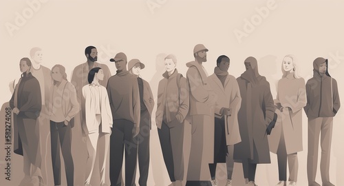 Flat minimalist illustration of group of diverse people. Beige and brown color palette. Generative AI