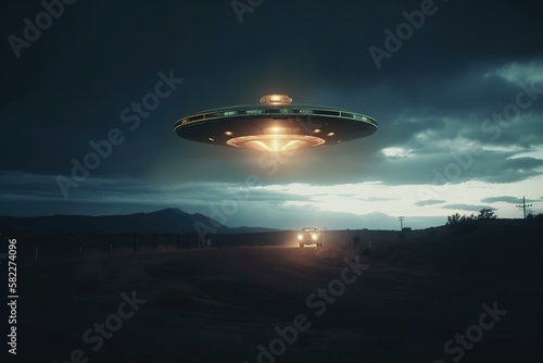 Alien invasion  UFO flying in the sky  concept of evidence and sighting. Generative AI