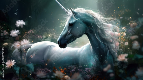 Fantasy art  Enchanted Unicorn and Luminescent Flowers  created with Generative AI 