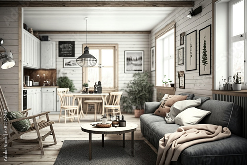 Cozy and inviting Scandinavian living room, featuring natural materials and a warm color palette. Ai generated. © ankreative