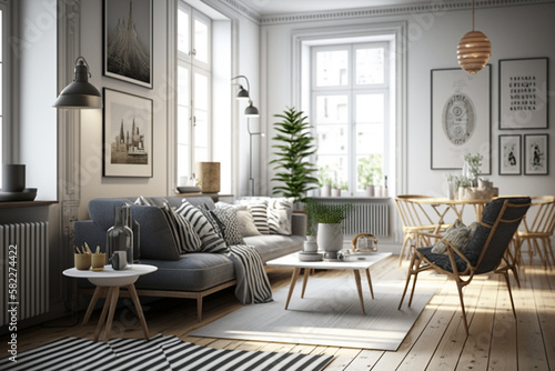 Cozy and inviting Scandinavian living room, featuring natural materials and a warm color palette. Ai generated.