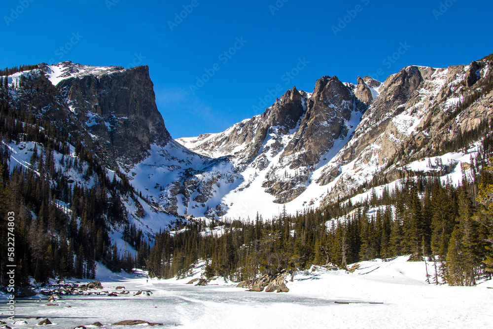Views during a hike in the Rocky Mountains National Park to Dream Lake. Taken during the winter with frozen lakes and fresh snow on the ground.