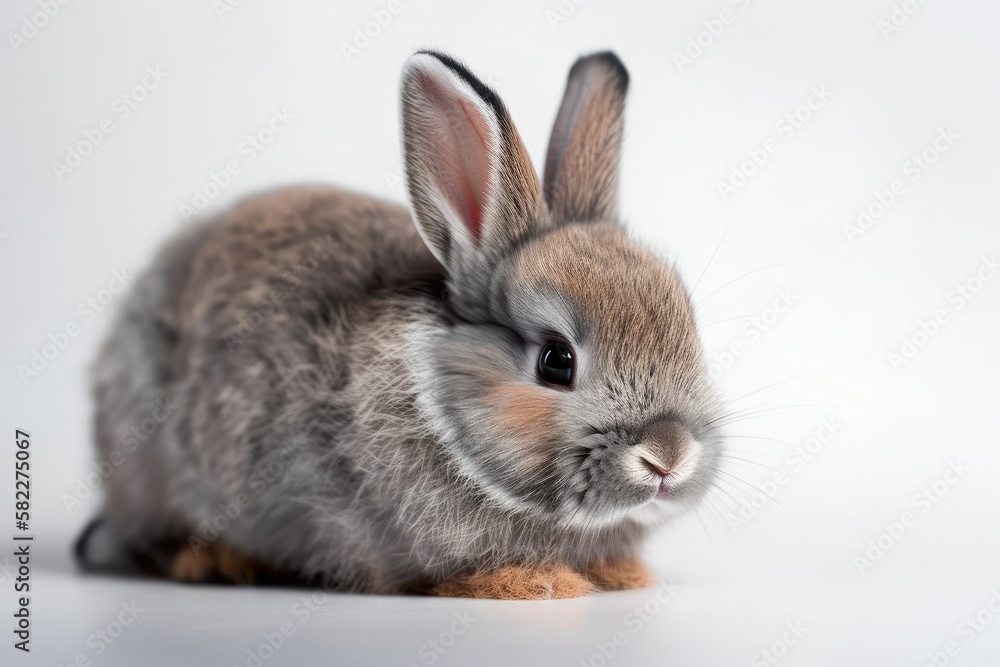 cute newborn bunny in gray against a white background. lovely young rabbit. Generative AI cute newborn bunny in gray against a white background. lovely young rabbit. Generative AI