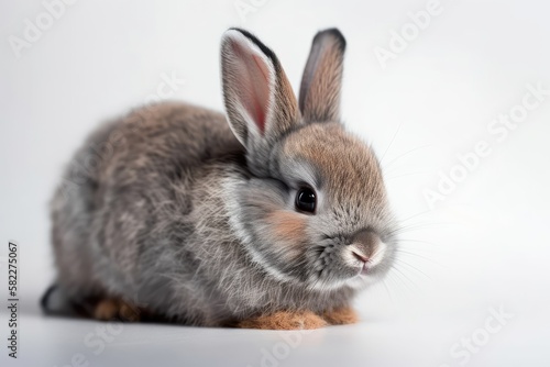cute newborn bunny in gray against a white background. lovely young rabbit. Generative AI