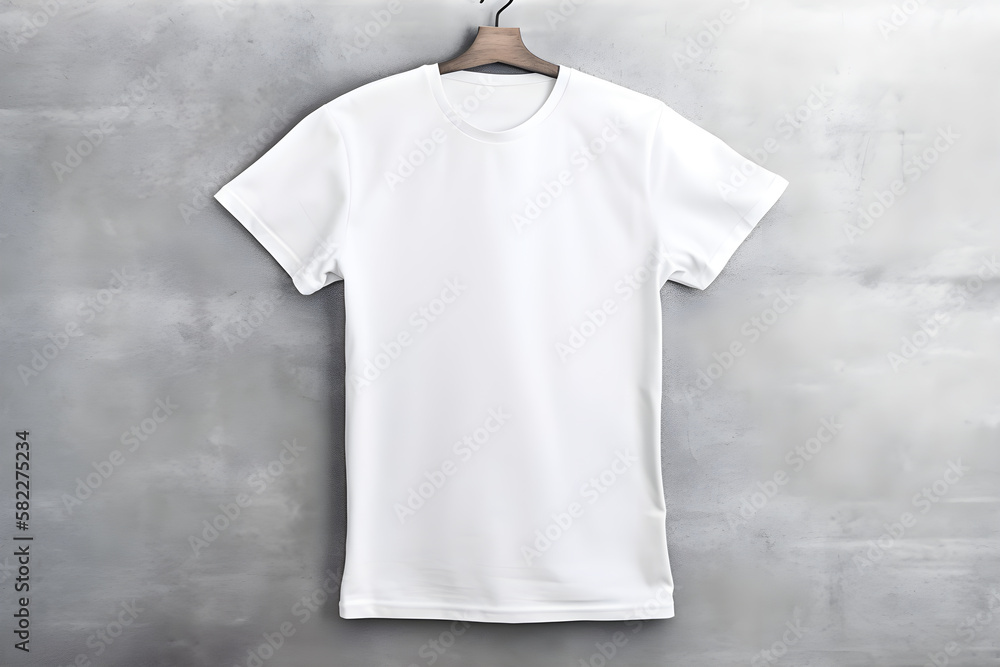 White women t-shirt mockup on a hanger, dark concrete background. Design t shirt template, print presentation mock up. Top view flat lay. AI generated. White women t-shirt mockup on a hanger, dark concrete background. Design t shirt template, print presentation mock up. Top view flat lay. AI generated.