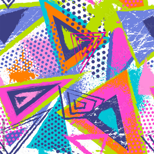 Abstract seamless chaotic pattern with urban geometric elements, scuffed, drops, triangles, spots, sprays Grunge neon texture background. Wallpaper for boys and girls