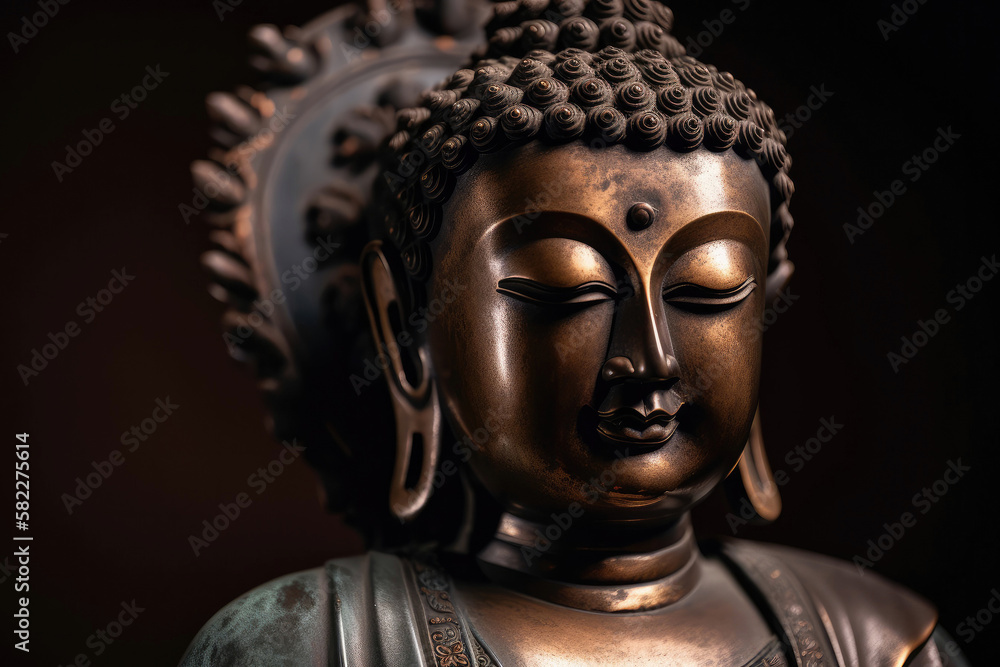 Portrait of a mysterious and magnificent bronze Buddha statue that is full of grace - Generative AI