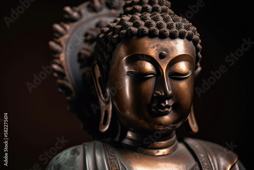 Portrait of a mysterious and magnificent bronze Buddha statue that is full of grace - Generative AI